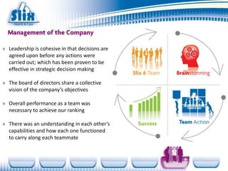 » Leadership is cohesive in that decisions are
  agreed upon before any actions were
  carried out; which has been proven to be
  effective in strategic decision making

» The board of directors share a collective
  vision of the company’s objectives

» Overall performance as a team was
  necessary to achieve our ranking

» There was an understanding in each other’s
  capabilities and how each one functioned
  to carry along each teammate
 