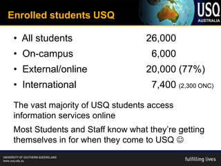 Enrolled students USQ

 • All students                    26,000
 • On-campus                        6,000
 • External/online                 20,000 (77%)
 • International                    7,400 (2,300 ONC)

 The vast majority of USQ students access
 information services online
 Most Students and Staff know what they’re getting
 themselves in for when they come to USQ 
 