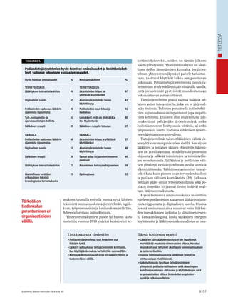 tieteessä 
Taulukko 5. 
Potilastietojärjestelmien hyvin toimivat ominaisuudet ja kehittämiskoh-teet, 
valinnan tehneiden vastaajien osuudet. 
Hyvin toimivat ominaisuudet % Kehittämiskohteet % 
TERVEYSKESKUS TERVEYSKESKUS 
Lääkityksen interaktiotarkistus 49 Järjestelmien hitaus tai 
yllättävät käyttökatkot 
47 
Digitaalinen sanelu 47 Aluetietojärjestelmän huono 
käytettävyys 
42 
Potilastiedon saatavuus lääkärin 
sijainnista riippumatta 
46 Potilastiedon haun hitaus ja 
hankaluus 
41 
Työ-, vastaanotto- ja 
­ajanvarauslistojen 
hallinta 
41 Lomakkeet eivät ole älykkäitä ja 
itse täydentyviä 
40 
Sähköinen resepti 39 Sähköisen reseptin toteutus 37 
SAIRAALA SAIRAALA 
Potilastiedon saatavuus lääkärin 
sijainnista riippumatta 
60 Järjestelmien hitaus ja yllättävät 
käyttökatkot 
57 
Digitaalinen sanelu 52 Aluetietojärjestelmän huono 
käytettävyys 
48 
Sähköinen resepti 39 Saman asian kirjaaminen moneen 
paikkaan 
40 
Lääkityksen interaktiotarkistus 32 Rakenteinen hoitotyön kirjaaminen 38 
Mahdollisuus kerätä eri 
­erikoisalojen 
tekstejä 
­kronologiseksi 
kertomukseksi 
25 Epäloogisuus 32 
muksen taustalla voi olla monia syitä lähtien 
teknisistä ominaisuuksista järjestelmän logiik­kaan, 
työprosesseihin ja koulutuksen määrään. 
Aiheesta tarvitaan lisätutkimusta. 
Yhteenvetonäkymien puute tai huono laatu 
nostettiin vuonna 2010 yhdeksi keskeiseksi ke­hittämiskohteeksi, 
niiden on tämän jälkeen 
koettu yleistyneen. Yhteenvetonäkymä on oleel­linen 
tiedon jäsentämisen kannalta. Jos järjes­telmän 
yhteenvetonäkymä ei palvele tarkoitus­taan, 
saattavat käyttäjät kokea sen puuttuvan 
koko­naan. 
Potilastietojärjestelmissä tiedon ra­kenteisuus 
ei ole edelleenkään riittävällä tasolla, 
jotta järjestelmät pystyisivät muodostamaan 
koko­naiskuvan 
automaattisesti. 
Tietojärjestelmien pitäisi säästää lääkäriä sel­laisen 
asian toistamiselta, joka on jo järjestel­män 
tiedossa. Tulosten perusteella rutiinitehtä­vien 
sujuvuudessa on tapahtunut jopa negatii­vista 
kehitystä. Erikseen olisi analysoitava, joh­tuuko 
tämä pelkästään järjestelmistä, onko 
hoito­tilanteeseen 
lisätty uusia tehtäviä, tai onko 
työprosessia osattu uudistaa sähköisen työväli­neen 
käyttöönoton yhteydessä. 
Tietojärjestelmät tukevat lääkärien välistä yh­teistyötä 
saman organisaation sisällä. Sen sijaan 
lääkärien ja hoitajien välisen yhteistyön tukemi­nen 
on jo vaikeampaa: se edellyttäisi prosessin 
ohjausta ja selkeää toimintojen ja toimintatilo­jen 
monitorointia. Lääkärien ja potilaiden väli­nen 
yhteistyö tietojärjestelmien avulla on vielä 
alkutekijöissään. Sähköinen asiointi ei toistai­seksi 
kata kuin pienen osan terveydenhuollon 
ja potilaan välisistä kontakteista (29). Jatkossa 
potilaan pääsy omiin terveystietoihinsa sekä po­tilaan 
itsestään kirjaamat tiedot lisäävät osal­taan 
tätä vuorovaikutusta. 
Hyvin toimivina ominaisuuksina mainittiin 
edelleen potilastiedon saatavuus lääkärin sijain­nista 
riippumatta ja digitaalinen sanelu. Uusina 
hyvinä ominaisuuksina nousivat esiin lääkkei­den 
interaktioiden tarkistus ja sähköinen resep­ti. 
Tämä on loogista, koska sähköisen reseptin 
käyttöönotto ja lääkitysosioiden uudistus on osu­Tärkeää 
on 
­tiedonkulun 
­parantaminen 
eri 
organisaatioiden 
välillä. 
Tästä asiasta tiedettiin 
• Potilastietojärjestelmät ovat keskeinen osa 
lääkärin työtä. 
• Lääkärit suhtautuivat tietojärjestelmiin kriittisesti, 
kun käyttäjäkokemuksia kartoitettiin vuonna 2010. 
• Käyttäjäkokemuksissa oli eroja eri lääkäriryhmien ja 
tuotemerkkien välillä. 
Tämä tutkimus opetti 
• Lääkärien käyttäjäkokemuksissa ei ole tapahtunut 
merkittävää muutosta viime vuosien aikana. Havaitut 
muutokset ovat liittyneet yksittäisiin toiminnallisuuksiin 
ja tuotemerkkeihin. 
• Uusista toiminnallisuuksista sähköinen resepti on 
otettu vastaan ristiriitaisesti. 
• Jatkotutkimusta tarvitaan tietojärjestelmien 
yhteydestä potilasturvallisuuteen sekä akuutimpien 
kehittämiskohteiden – hitauden ja käyttökatkojen sekä 
organisaatioiden välisen tiedonkulun ongelmien – ­syistä 
ja ratkaisumalleista. 
Suomen Lääkäri lehti 49/2014 v sk 69 3357 
 