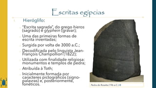 Escritas egípcias
1. Hieróglifo:
o “Escrita sagrada”, do grego hieros
(sagrado) e glyphein (gravar);
o Uma das primeiras formas de
escrita inventadas;
o Surgida por volta de 3000 a.C.;
o Decodificada pelo linguista Jean-
François Champollion (1822);
o Utilizada com finalidade religiosa:
monumentos e templos de pedra;
o Atribuída à Toth;
o Inicialmente formada por
caracteres pictográficos (signo-
palavras) e, posteriormente,
fonéticos. Pedra de Rosetta (196 a.C.) @
 