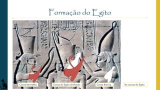 Formação do Egito
As coroas do Egito
Coroa Vermelha Coroa Branca
Coroa do Egito Unificado
 