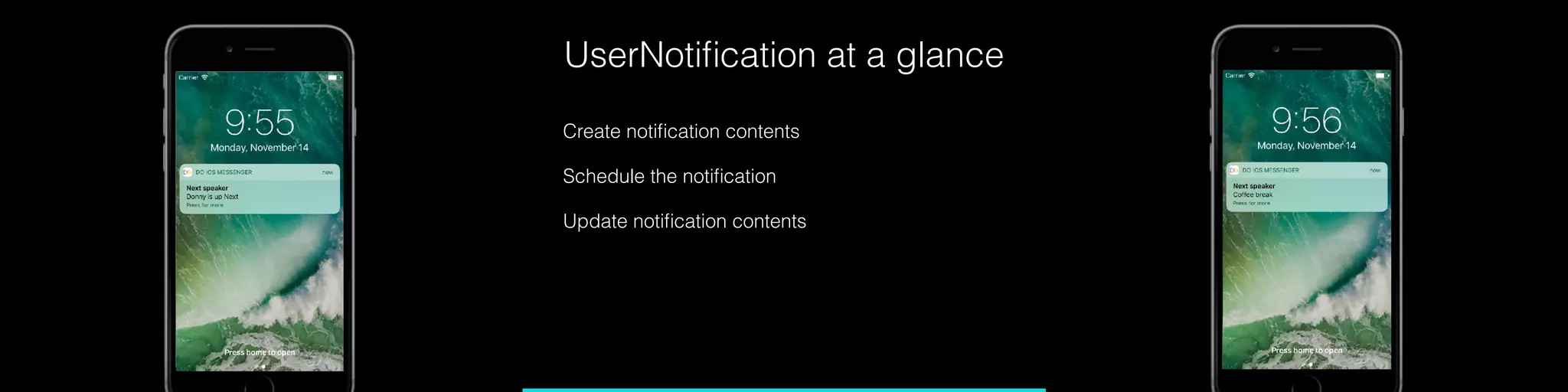UserNotiﬁcation at a glance
Create notiﬁcation contents
Schedule the notiﬁcation
Update notiﬁcation contents
 