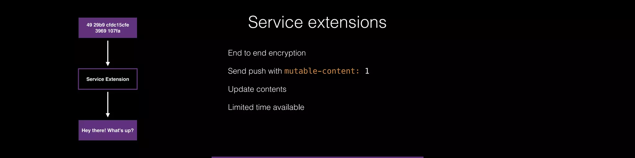 Service extensions
Hey there! What's up?
49 29b9 cfdc15cfe
3969 107fa
Service Extension
End to end encryption
Send push with mutable-content: 1
Update contents
Limited time available
 