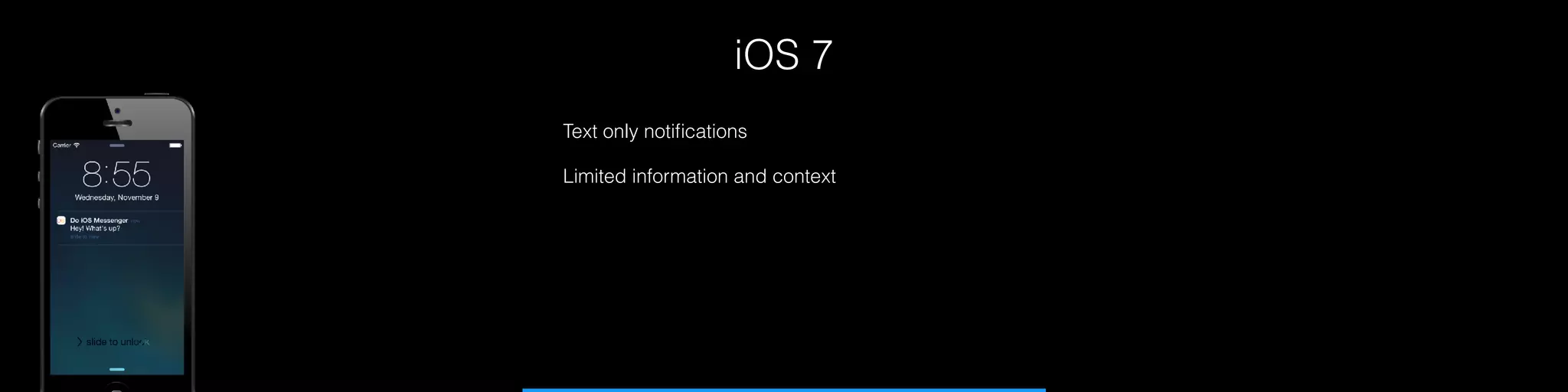 iOS 7
Text only notiﬁcations
Limited information and context
 