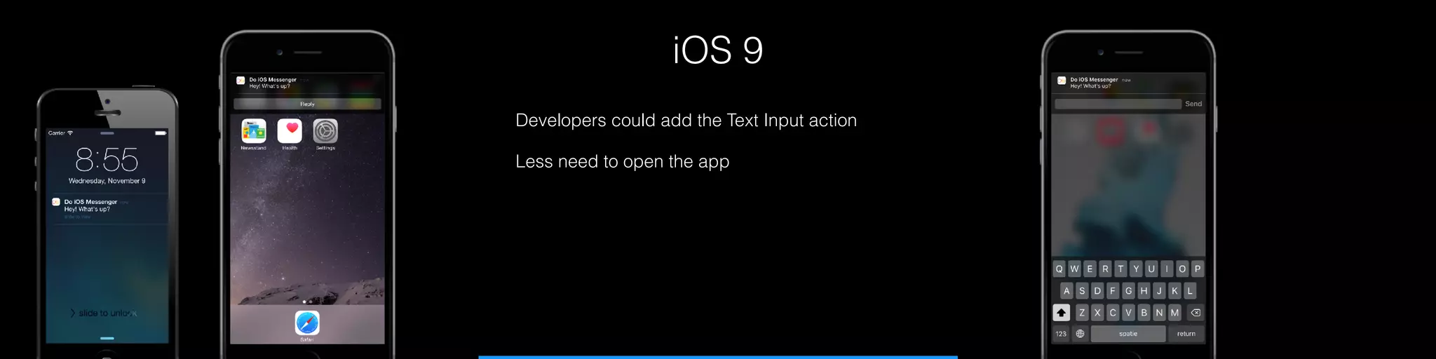 iOS 9
Developers could add the Text Input action
Less need to open the app
 