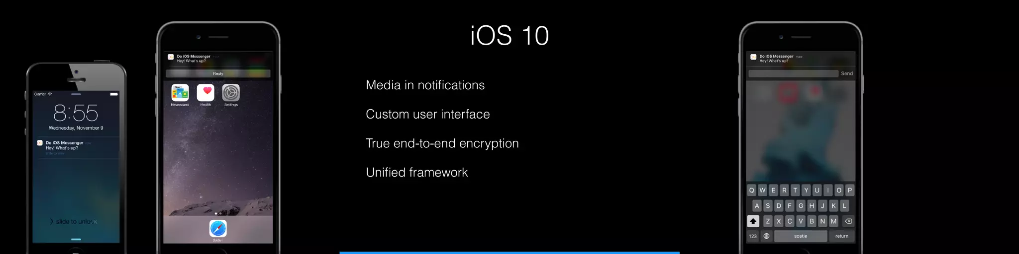 iOS 10
Media in notiﬁcations
Custom user interface
True end-to-end encryption
Uniﬁed framework
 