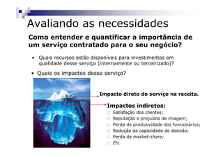 Avaliando as necessidades
Como entender e quantificar a importância de
um serviço contratado para o seu negócio?
• Quais recursos estão disponíveis para investimentos em
  qualidade desse serviço (internamente ou terceirizado)?

• Quais os impactos desse serviço?


                           Impacto direto do serviço na receita.

                              Impactos indiretos:
                                Satisfação dos clientes;
                                Reputação e prejuízos de imagem;
                                Perda de produtividade dos funcionários;
                                Redução da capacidade de decisão;
                                Perda de market-share;
                                Etc.
 