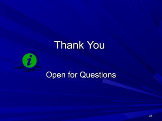 2121
Thank YouThank You
Open for QuestionsOpen for Questions
 