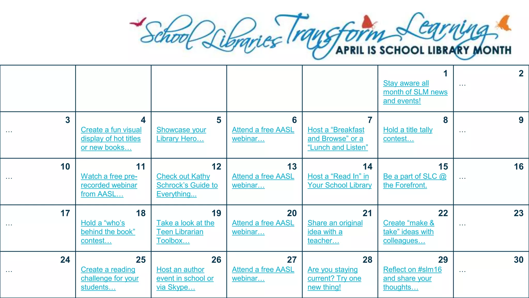 School Library Month Calendar of Ideas | PPT
