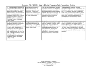 G eorgia D O E 2012 L ibrary M edia Program Self-E valuation Rubric
11. Print and non-print resources and     Print and non-print library          Print and non-print resources, including   Print and non-print resources, including
access to online information are basic    media center resources are           subscription databases and other library   subscription databases, access to the Internet, and
to a library media program. A school      adequate to support the core         media center resources are available       other library media center resources are available
network is effective for delivering       curriculum. Two or three             online to multiple networked computers     on a LAN throughout the school. Some library
media resources to the classroom and      computers for student access to      within the library media center only. A    media center resources are accessible via Internet
beyond. Multiple computers are            online resources are available in    LAN (Local Area Network) is fully          access outside the school. Students use library
available for student access to online    the library media center.            functional. Network services are           media center technology independently for
resources that enhance instruction.                                            delivered to all classrooms.               extended projects and information retrieval.
(FY02 Computers in the Classroom
Technology Project - A Georgia
Lottery Grant)
12. All library media resources are       Management and circulation           The OPAC is electronically networked       The OPAC is available on a LAN throughout the
managed for maximum efficient use.        workstations and at least one        to several computers within the library    school. All resources are recorded in MARC
The library media center has an           online catalog access (OPAC)         media center. New acquisitions are         format so that access is available on the LAN and
electronic online public access catalog   exist in the library media center.   added based on reliable review sources,    weeding of out-of-date materials can be timely.
(OPAC). Funds for acquisition of          MARC format is used.                 state and national award books, and        The OPAC is up-to-date and reflects the library
computers are utilized to implement                                            curriculum needs. Weeding is an            media center holdings. Some library media center
the goals/objectives set forth in the                                          ongoing process. A network                 resources are accessible via Internet access outside
State Technology Plan 2007-2012 or                                             distribution of resources beyond the       the school.
in the System Comprehensive School                                             library media center is not available.
Improvement Plan.
(FY02 Computers in the Classroom
Technology Project - A Georgia
Lottery Grant)




                                                                           Georgia Department of Education
                                                                    Dr. John D. Barge, State School Superintendent
                                                                            January 18, 2012 Page 5 of 10
                                                                                 All Rights Reserved
 