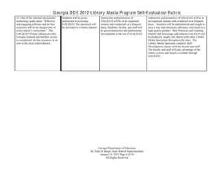 G eorgia D O E 2012 L ibrary M edia Program Self-E valuation Rubric
13. One of the national educational      Students will be given            Instruction and promotion of               Instruction and promotion of GALILEO will be in
                                         instruction in accessing          GALILEO will be in an organized            an organized manner and conducted on a frequent
and engaging software and on-line        GALILEO. The password will        manner and conducted on a frequent         basis. . Searches will be administered and taught in
resources will be an integral part of    be provided in a timely manner.   basis. Students, faculty, and staff will   such a way that maximize efficiency and result in a
                                                                           be given instruction and professional      high quality product Best Practices and Learning
GALILEO Virtual Library provides                                           development in the use of GALILEO.         Models that encourage and endorse GALILEO will
Georgia students and teachers access                                                                                  be produced, taught, and shared with other Library
to exceptional on-line resources at no                                                                                Media Specialists throughout the state. The
cost to the local school district. .                                                                                  Library Media Specialist conducts Staff
                                                                                                                      Development classes with the faculty and staff.
                                                                                                                      The faculty and staff will take advantage of the
                                                                                                                      online courses and lessons available through
                                                                                                                      GALILEO.




                                                                        Georgia Department of Education
                                                                 Dr. John D. Barge, State School Superintendent
                                                                         January 18, 2012 Page 6 of 10
                                                                              All Rights Reserved
 