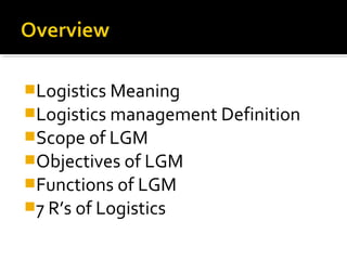 Logistics Meaning
Logistics management Definition
Scope of LGM
Objectives of LGM
Functions of LGM
7 R’s of Logistics
 