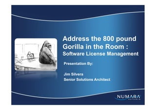 Address the 800 pound
Gorilla in the Room :
Software License Management
Presentation By:

Jim Silvera
Senior Solutions Architect
 