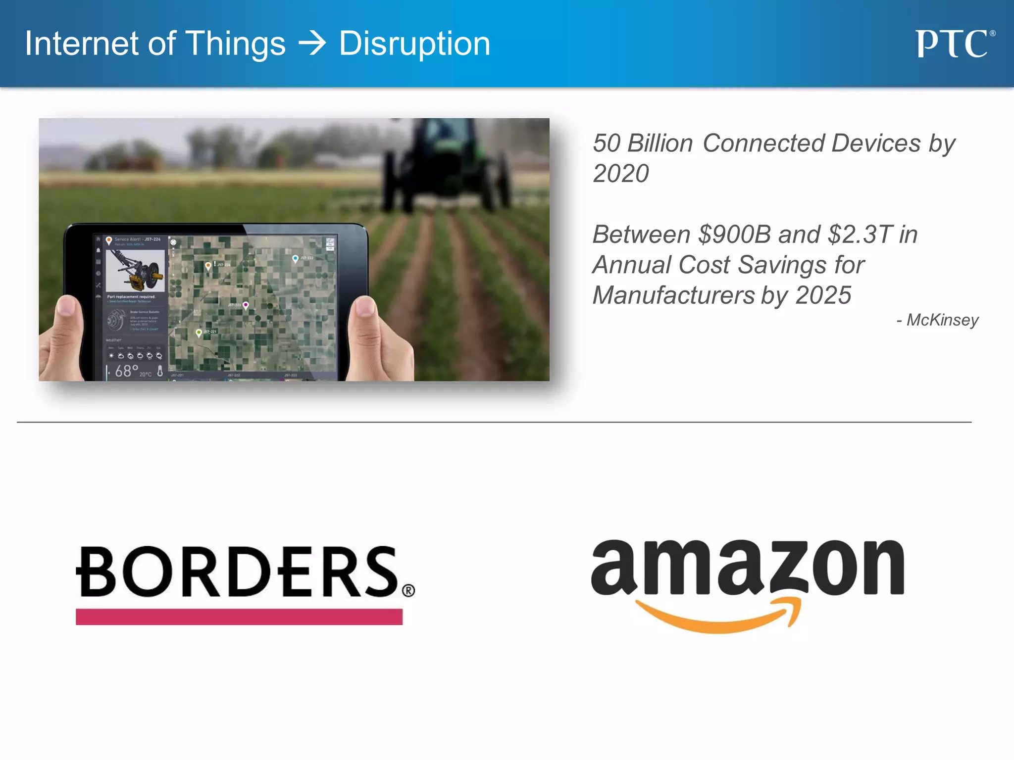 Internet of Things  Disruption
50 Billion Connected Devices by
2020
Between $900B and $2.3T in
Annual Cost Savings for
Manufacturers by 2025
- McKinsey
 