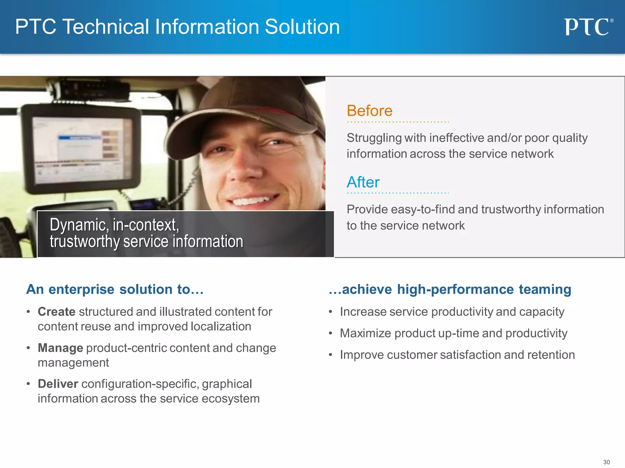 30
PTC Technical Information Solution
…achieve high-performance teaming
• Increase service productivity and capacity
• Maximize product up-time and productivity
• Improve customer satisfaction and retention
An enterprise solution to…
• Create structured and illustrated content for
content reuse and improved localization
• Manage product-centric content and change
management
• Deliver configuration-specific, graphical
information across the service ecosystem
Before
Struggling with ineffective and/or poor quality
information across the service network
After
Provide easy-to-find and trustworthy information
to the service networkDynamic, in-context,
trustworthy service information
 