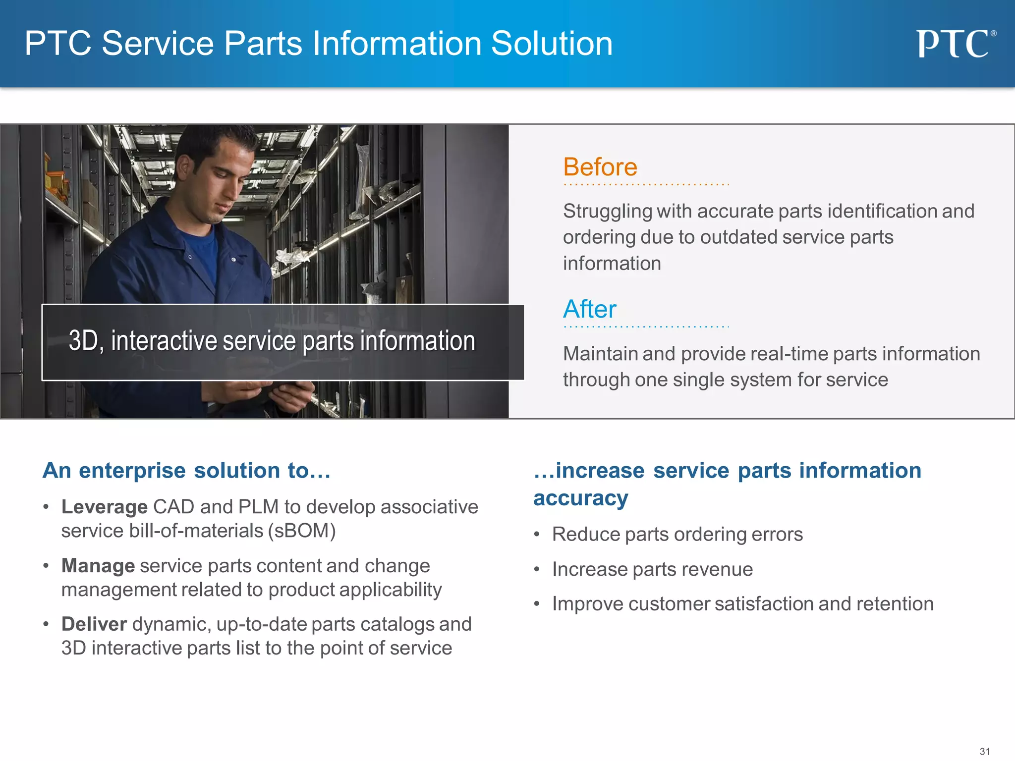 31
PTC Service Parts Information Solution
…increase service parts information
accuracy
• Reduce parts ordering errors
• Increase parts revenue
• Improve customer satisfaction and retention
An enterprise solution to…
• Leverage CAD and PLM to develop associative
service bill-of-materials (sBOM)
• Manage service parts content and change
management related to product applicability
• Deliver dynamic, up-to-date parts catalogs and
3D interactive parts list to the point of service
3D, interactive service parts information
Before
Struggling with accurate parts identification and
ordering due to outdated service parts
information
After
Maintain and provide real-time parts information
through one single system for service
 