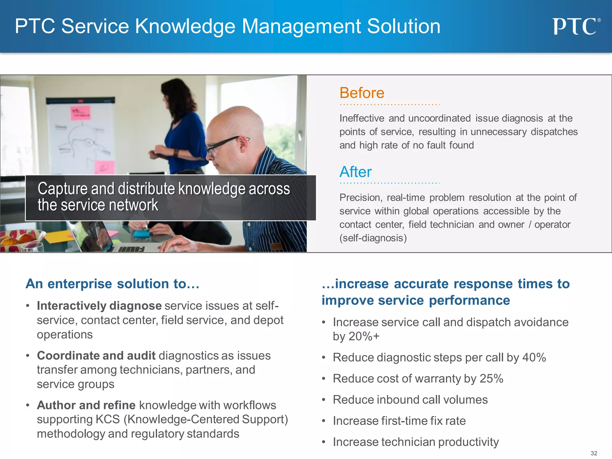 32
PTC Service Knowledge Management Solution
…increase accurate response times to
improve service performance
• Increase service call and dispatch avoidance
by 20%+
• Reduce diagnostic steps per call by 40%
• Reduce cost of warranty by 25%
• Reduce inbound call volumes
• Increase first-time fix rate
• Increase technician productivity
An enterprise solution to…
• Interactively diagnose service issues at self-
service, contact center, field service, and depot
operations
• Coordinate and audit diagnostics as issues
transfer among technicians, partners, and
service groups
• Author and refine knowledge with workflows
supporting KCS (Knowledge-Centered Support)
methodology and regulatory standards
Capture and distribute knowledge across
the service network
Before
Ineffective and uncoordinated issue diagnosis at the
points of service, resulting in unnecessary dispatches
and high rate of no fault found
After
Precision, real-time problem resolution at the point of
service within global operations accessible by the
contact center, field technician and owner / operator
(self-diagnosis)
 