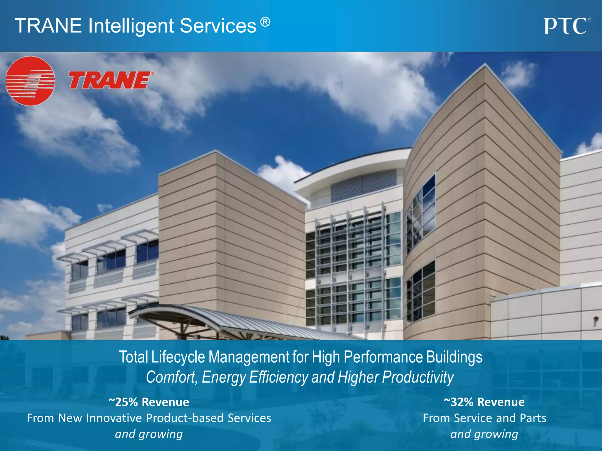 TRANE Intelligent Services ®
Total Lifecycle Management for High Performance Buildings
Comfort, Energy Efficiency and Higher Productivity
~25% Revenue
From New Innovative Product-based Services
and growing
~32% Revenue
From Service and Parts
and growing
 