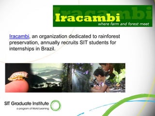 Iracambi, an organization dedicated to rainforest
preservation, annually recruits SIT students for
internships in Brazil.
 