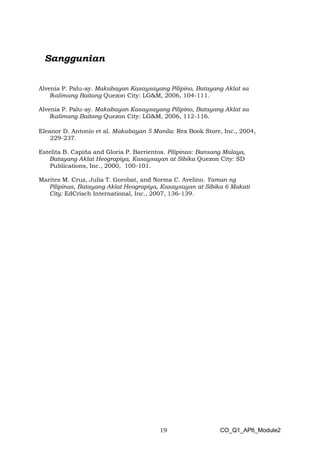 19 CO_Q1_AP6_Module2
Alvenia P. Palu-ay. Makabayan Kasaysayang Pilipino, Batayang Aklat sa
Ikalimang Baitang Quezon City: LG&M, 2006, 104-111.
Alvenia P. Palu-ay. Makabayan Kasaysayang Pilipino, Batayang Aklat sa
Ikalimang Baitang Quezon City: LG&M, 2006, 112-116.
Eleanor D. Antonio et al. Makabayan 5 Manila: Rex Book Store, Inc., 2004,
229-237.
Estelita B. Capiña and Gloria P. Barrientos. Pilipinas: Bansang Malaya,
Batayang Aklat Heograpiya, Kasaysayan at Sibika Quezon City: SD
Publications, Inc., 2000, 100-101.
Marites M. Cruz, Julia T. Gorobat, and Norma C. Avelino. Yaman ng
Pilipinas, Batayang Aklat Heograpiya, Kasaysayan at Sibika 6 Makati
City: EdCrisch International, Inc., 2007, 136-139.
 