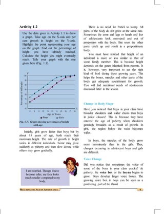 Activity 1.2
Use the data given in Activity 1.1 to draw
a graph. Take age on the X-axis and per
cent growth in height on the Y-axis.
Highlight the point representing your age
on the graph. Find out the percentage of
height you have already reached.
Calculate the height you might eventually
reach. Tally your graph with the one
given here (Fig. 1.1).
Fig. 1.1 : Graph showing percentage of height
with age
Initially, girls grow faster than boys but by
about 18 years of age, both reach their
maximum height. The rate of growth in height
varies in different individuals. Some may grow
suddenly at puberty and then slow down, while
others may grow gradually.
I am worried. Though I have
become taller, my face looks
much smaller compared to my
body.
There is no need for Paheli to worry. All
parts of the body do not grow at the same rate.
Sometimes the arms and legs or hands and feet
of adolescents look oversized and out of
proportion with the body. But soon the other
parts catch up and result in a proportionate
body.
You must have noticed that height of an
individual is more or less similar to that of
some family member. This is because height
depends on the genes inherited from parents. It
is, however, very important to eat the right
kind of food during these growing years. This
helps the bones, muscles and other parts of the
body get adequate nourishment for growth.
You will find nutritional needs of adolescents
discussed later in the lesson.
Change in Body Shape
Have you noticed that boys in your class have
broader shoulders and wider chests than boys
in junior classes? This is because they have
entered the age of puberty when shoulders
generally broaden as a result of growth. In
girls, the region below the waist becomes
wider.
In boys, the muscles of the body grow
more prominently than in the girls. Thus,
changes occurring in adolescent boys and girls
are different.
Voice Change
Did you notice that sometimes the voice of
some of the boys in your class cracks? At
puberty, the voice box or the larynx begins to
grow. Boys develop larger voice boxes. The
growing voice box in boys can be seen as a
protruding part of the throat
REACHING THE AGE OF ADOLESCENCE 4
 