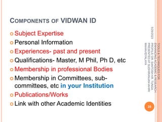 COMPONENTS OF VIDWAN ID
 Subject Expertise
 Personal Information
 Experiences- past and present
 Qualifications- Master, M Phil, Ph D, etc
 Membership in professional Bodies
 Membership in Committees, sub-
committees, etc in your Institution
 Publications/Works
 Link with other Academic Identities
5/29/2023
35
TOOLS
&
TECHNIQUES
FOR
ENHANCING
ACADEMIC
&
RESEARCH
PROFILE/
DR.
SANTOSH
KR.
TUNGA
PRESENTED
AT
SUDHIRANJAN
lAHIRI
MAHAVIDYALAYA
 