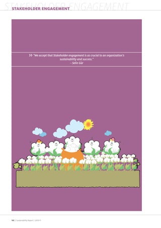 STAKEHOLDER ENGAGEMENT
 STAKEHOLDER ENGAGEMENT




                           "We accept that Stakeholder engagement is as crucial to an organization's
                                                sustainability and success."
                                                        – Selin Gür




 18 | Sustainability Report /
 
