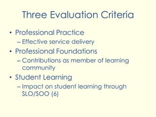 Three Evaluation Criteria
• Professional Practice
– Effective service delivery
• Professional Foundations
– Contributions as member of learning
community
• Student Learning
– Impact on student learning through
SLO/SOO (6)
 