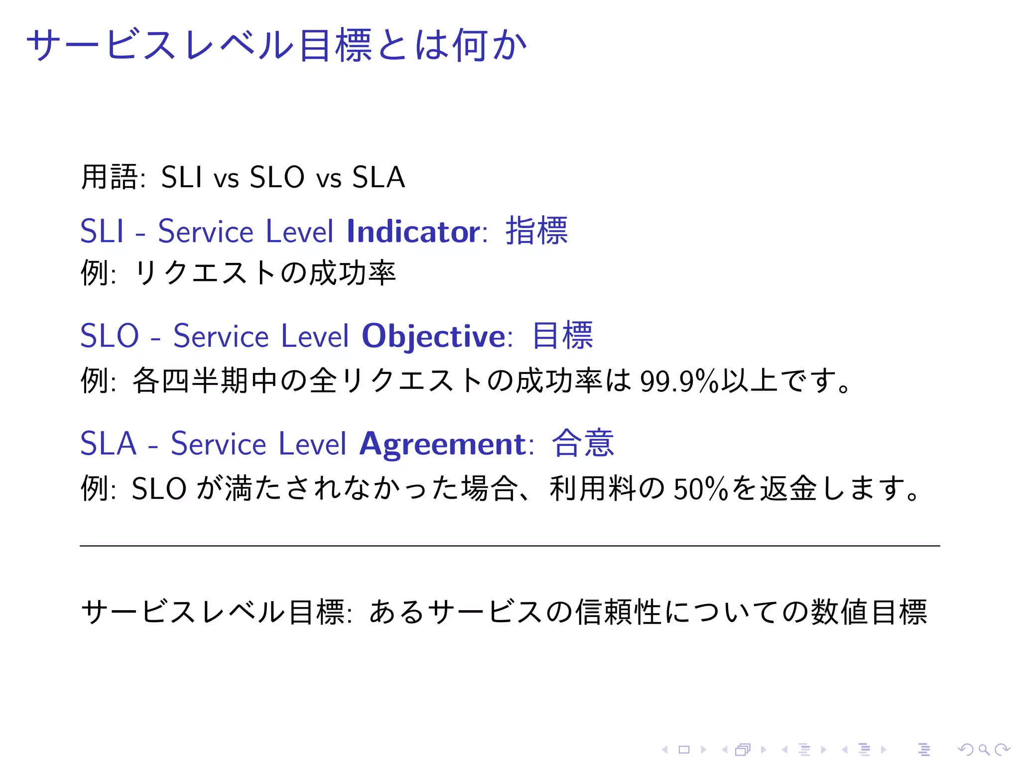 サービスレベル目標とは何か
用語: SLI vs SLO vs SLA
SLI - Service Level Indicator: 指標
例: リクエストの成功率
SLO - Service Level Objective: 目標
例: 各四半期中の全リクエストの成功率は 99.9%以上です。
SLA - Service Level Agreement: 合意
例: SLO が満たされなかった場合、利用料の 50%を返金します。
サービスレベル目標: あるサービスの信頼性についての数値目標
 