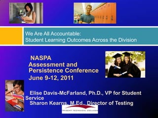 We Are All Accountable:
Student Learning Outcomes Across the Division


 NASPA
 Assessment and
 Persistence Conference
 June 9-12, 2011

 Elise Davis-McFarland, Ph.D., VP for Student
Service
 Sharon Kearns, M.Ed., Director of Testing
 