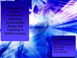 Community of Inquiry Framework: Informing Instructional Design and Teaching in Online Courses Jennifer Richardson Phil Ice Marti Cleveland-Innes Karen Swan Peter Shea Sebastian Diaz 