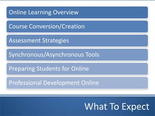What To Expect
Online Learning Overview
Course Conversion/Creation
Assessment Strategies
Synchronous/Asynchronous Tools
Preparing Students for Online
Professional Development Online
 