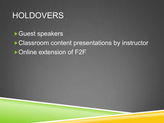 HOLDOVERS

Guest speakers
Classroom content presentations by instructor
Online extension of F2F
 