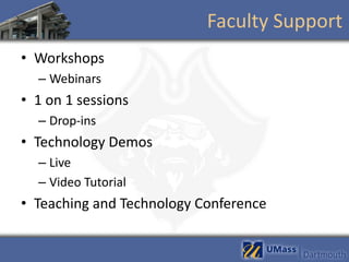 Faculty Support
• Workshops
  – Webinars
• 1 on 1 sessions
  – Drop-ins
• Technology Demos
  – Live
  – Video Tutorial
• Teaching and Technology Conference
 