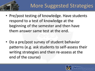More Suggested Strategies
• Pre/post testing of knowledge. Have students
  respond to a test of knowledge at the
  beginning of the semester and then have
  them answer same test at the end.

• Do a pre/post survey of student behavior
  patterns (e.g. ask students to self-assess their
  writing strategies and then re-assess at the
  end of the course)
 
