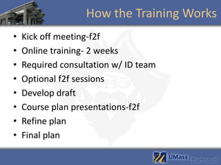 How the Training Works
•   Kick off meeting-f2f
•   Online training- 2 weeks
•   Required consultation w/ ID team
•   Optional f2f sessions
•   Develop draft
•   Course plan presentations-f2f
•   Refine plan
•   Final plan
 