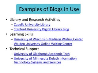Examples of Blogs in Use
• Library and Research Activities
– Capella University Library
– Stanford University Digital Libr...