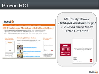 Proven ROI

                MIT study shows:
             HubSpot customers get
              4.2 times more leads
                 after 5 months
 