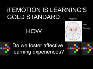if EMOTION IS LEARNING'S
GOLD STANDARD             Amygdala


                                     Fear
                                     Rewards

      HOW

 Do we foster affective
 learning experiences?
 