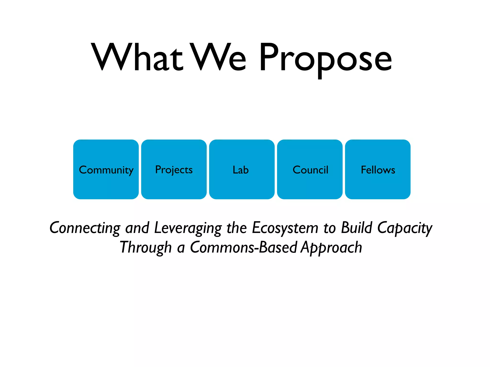What We Propose

    Community   Projects   Lab      Council   Fellows




Connecting and Leveraging the Ecosystem to Build Capacity
          Through a Commons-Based Approach
 
