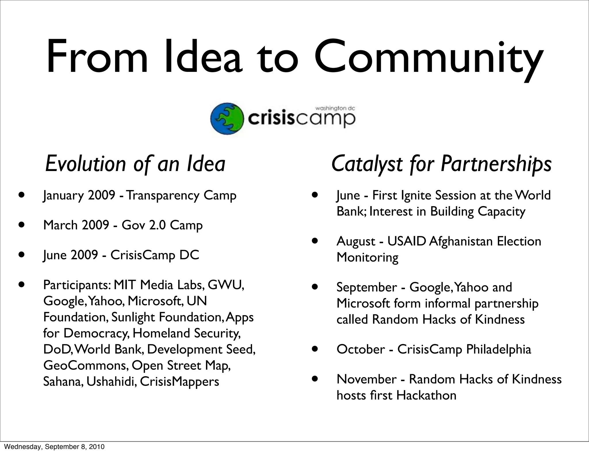 From Idea to Community

           Evolution of an Idea                       Catalyst for Partnerships
   •      January 2009 - Transparency Camp        •   June - First Ignite Session at the World
                                                      Bank; Interest in Building Capacity
   •      March 2009 - Gov 2.0 Camp
                                                  •   August - USAID Afghanistan Election
   •      June 2009 - CrisisCamp DC                   Monitoring

   •      Participants: MIT Media Labs, GWU,      •   September - Google,Yahoo and
          Google,Yahoo, Microsoft, UN                 Microsoft form informal partnership
          Foundation, Sunlight Foundation, Apps       called Random Hacks of Kindness
          for Democracy, Homeland Security,
          DoD, World Bank, Development Seed,      •   October - CrisisCamp Philadelphia
          GeoCommons, Open Street Map,
          Sahana, Ushahidi, CrisisMappers         •   November - Random Hacks of Kindness
                                                      hosts ﬁrst Hackathon


Wednesday, September 8, 2010
 