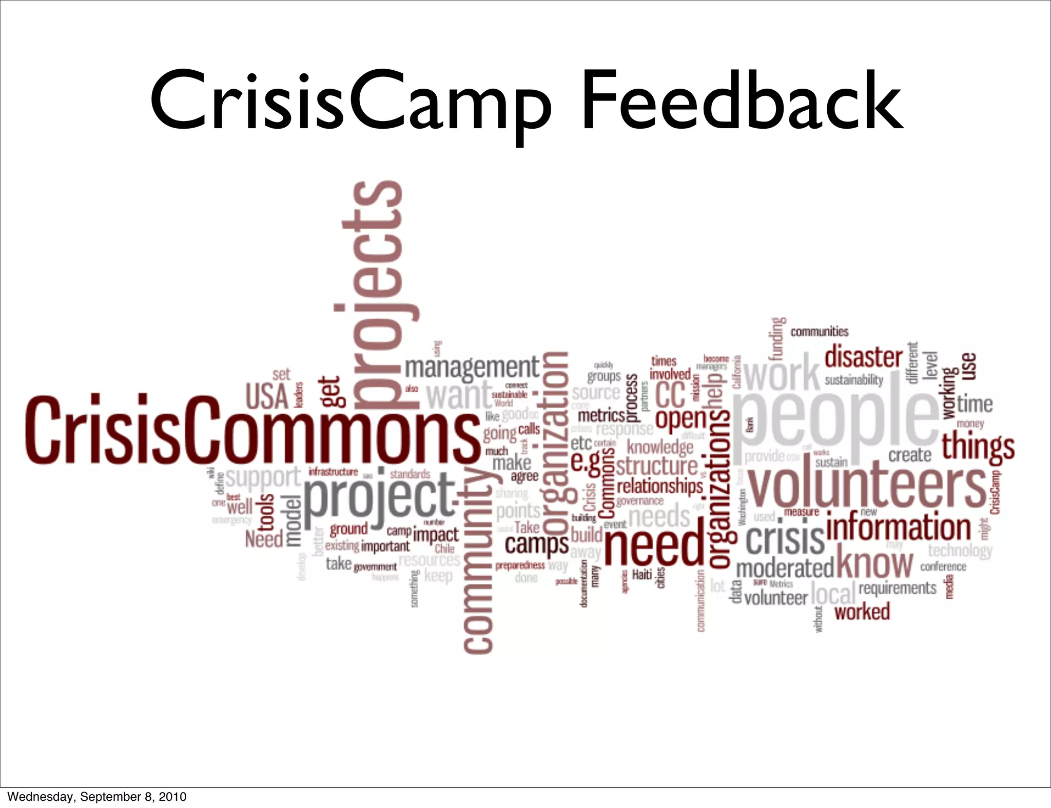 CrisisCamp Feedback




Wednesday, September 8, 2010
 