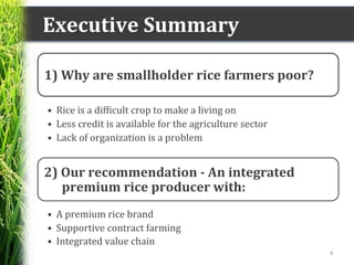Executive	
  Summary	
  
1)	
  Why	
  are	
  smallholder	
  rice	
  farmers	
  poor?	
  
•  Rice	
  is	
  a	
  difBicult	
...