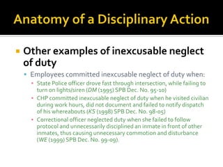    Other examples of inexcusable neglect
    of duty
     Employees committed inexcusable neglect of duty when:
      ▪ State Police officer drove fast through intersection, while failing to
        turn on lights/siren (DM (1995) SPB Dec. No. 95-10)
      ▪ CHP committed inexcusable neglect of duty when he visited civilian
        during work hours, did not document and failed to notify dispatch
        of his whereabouts (KS (1998) SPB Dec. No. 98-05)
      ▪ Correctional officer neglected duty when she failed to follow
        protocol and unnecessarily disciplined an inmate in front of other
        inmates, thus causing unnecessary commotion and disturbance
        (WE (1999) SPB Dec. No. 99-09).
 