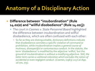    Difference between “insubordination” (Rule
    14.02(e) and “willful disobedience” (Rule 14.02(j):
     The court in Coomes v. State Personnel Board highlighted
      the difference between insubordination and willful
      disobedience, which are often confused with each other:
      ▪ So far as they are distinguishable, dictionary definitions indicate
        that disobedience connotes a specific violation of command or
        prohibition, while insubordination implies a general course of
        mutinous, disrespectful or contumacious conduct. In the statute, the
        term ‘disobedience’ is modified by the adjective ‘willful,’ but the
        ground of insubordination is without a modifying adjective. Still, the
        latter term carries a volitional coloration which excludes the notion of
        accidental or even negligent conduct. (Coomes, (1963) 215 Cal.App.
        2d 770, 775).
 