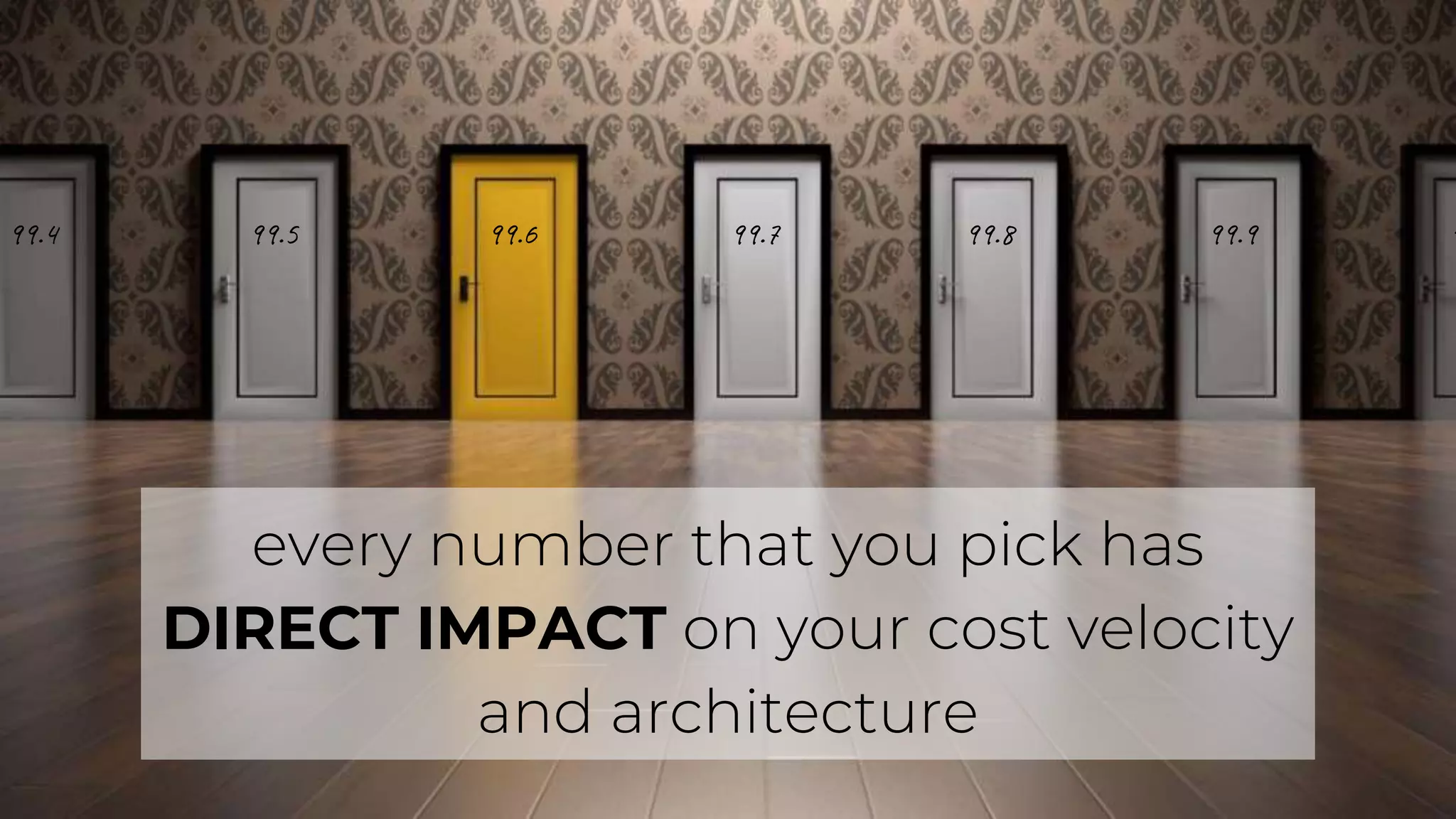 every number that you pick has
DIRECT IMPACT on your cost velocity
and architecture
99.5
99.4 99.6 99.7 99.8 99.9 1
 
