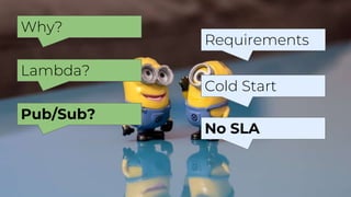 Why?
Requirements
Lambda?
Cold Start
Pub/Sub?
No SLA
 