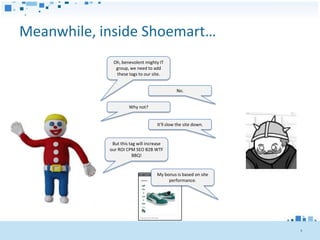 Meanwhile, inside Shoemart…
             Oh, benevolent mighty IT
              group, we need to add
              these tags to our site.


                                             No.


                     Why not?


                                   It'll slow the site down.


             But this tag will increase
            our ROI CPM SEO B2B WTF
                       BBQ!


                                   My bonus is based on site
                                        performance.




                                                               9
 