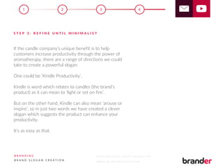 If the candle company’s unique benefit is to help
customers increase productivity through the power of
aromatherapy, there are a range of directions we could
take to create a powerful slogan.
One could be ‘Kindle Productivity’.
Kindle is word which relates to candles (the brand’s
product) as it can mean to ‘light or set on fire’.
But on the other hand, Kindle can also mean ‘arouse or
inspire’, so in just two words we have created a clever
slogan which suggests the product can enhance your
productivity.
It’s as easy as that.
S T E P 3 : R E F I N E U N T I L M I N I M A L I S T
2 3 41
B R A N D I N G
B R A N D S L O G A N C R E A T I O N
D E V E L O P E D B Y S C O T T L A N C A S T E R
W W W . W E A R E B R A N D E R . C O M
 