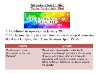 Introduction to the
                         Vista Visto Sdn Bhd




 Established its operation in January 2001.
 The factory facility has been founded on developed countries
like Kuala Lumpur, Shah Alam, Selangor, Ipoh, Perak.

           VISSION                                MISSION
“Be the superb green           “To set world class standard in the bottle
atmosphere business in         manufacturing through providing a diverse range
Malaysia”                      of easy usage products that are prepared in
                               accordance with Islamic principles striving to
                               satisfy customers tastes and needs and serving
                               the Society”
 